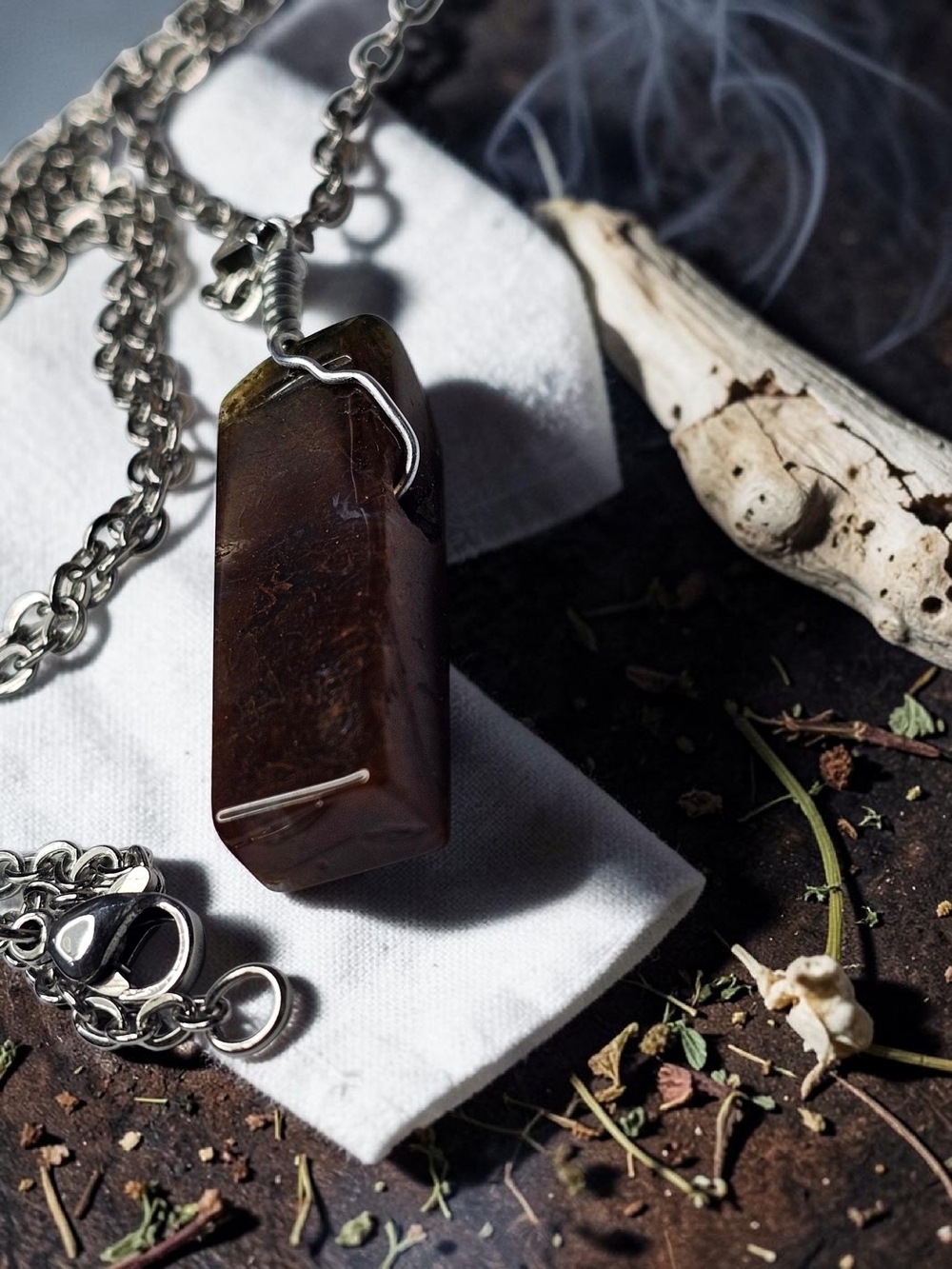 Men's/Women's Brown Stone Pendant Necklace - Silver Chain